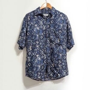 Summa Silk Button Up Shirt Top Collared Sun Diamond Pattern Blue - FLAW